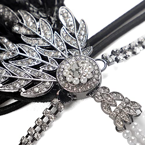 1920s Vintage Flapper Headbands Crystal Headpiece Ostrich Feather Hair Band for Women Girls Prom Party Festival Gatsby Hair Jewelry (B-Silver-black)