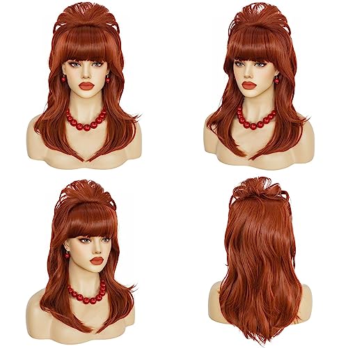 Anogol Hair Cap+5 Pcs Peggy Bundy Wig Auburn Beehive Wig with Pearl Necklace Earrings Bracelet 50s 60s 1950s 1960s Wigs for Women Red Housewife Wig Fembot Wigs for Cosplay Costume Halloween Party