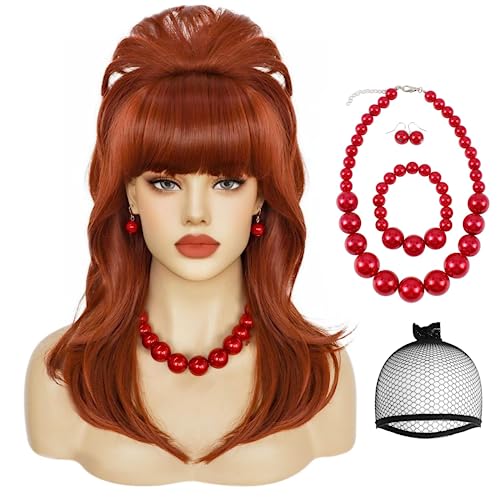 Anogol Hair Cap+5 Pcs Peggy Bundy Wig Auburn Beehive Wig with Pearl Necklace Earrings Bracelet 50s 60s 1950s 1960s Wigs for Women Red Housewife Wig Fembot Wigs for Cosplay Costume Halloween Party