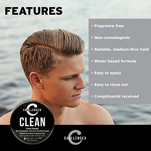 Challenger Fragrance Free Cream Pomade | Non-Comedogenic Styling Product | Unscented Hair Gel | Medium Firm Hold & Clean Ingredients | 1.5oz