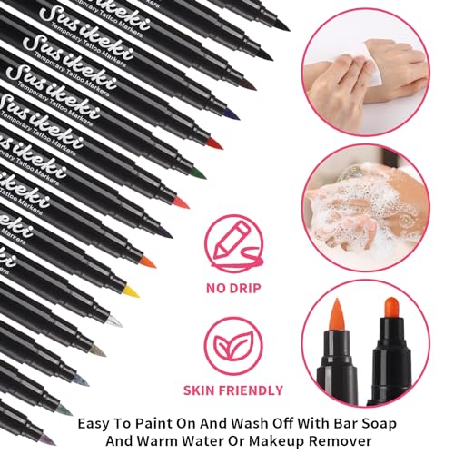 Temporary Tattoo Markers for Skin,15PCS Dual-Ended Tattoo Pen + 50 Paint Stencils + 43 Tattoos Stickers,Glitter & Matte & Neon Glow Body Marker Set, Removable Fake Tattoos Kit for Teens and Adult