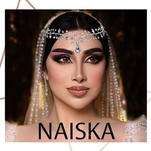 NAISKA Crystal Head Chain Bride Wedding Headband Teardrop Headpiece Bridal Forehead Hair Chain Rhinestone Headpieces Jewelry Prom Costume Hair Accessories for Women and Girls(Silver)