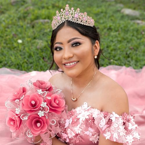 CIEHER Pink Crown Tiaras for Women, Pink Tiara Crowns for Women, Princess Crown Queen Crown Crystal Crowns for Women Crown Quinceanera Headpieces Birthday Crown Prom Tiara Bride Crown