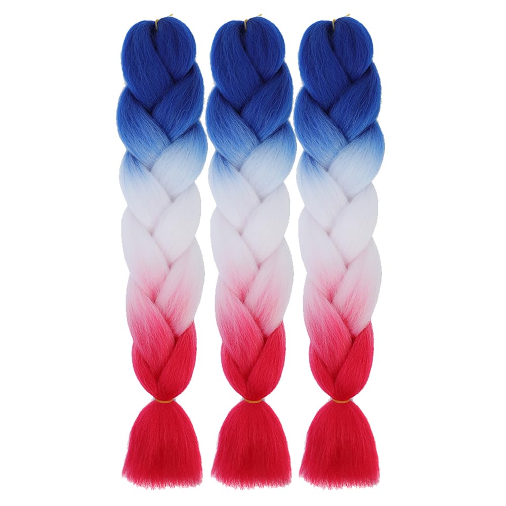 YUDAOHAIR 3 Pcs/Lot Braiding Hair Extensions for Women High Temperature Synthetic Ombre Jumbo Braids Hair for Twist Crochet Braiding Hair (24 Inch, blue-white-hot pink)