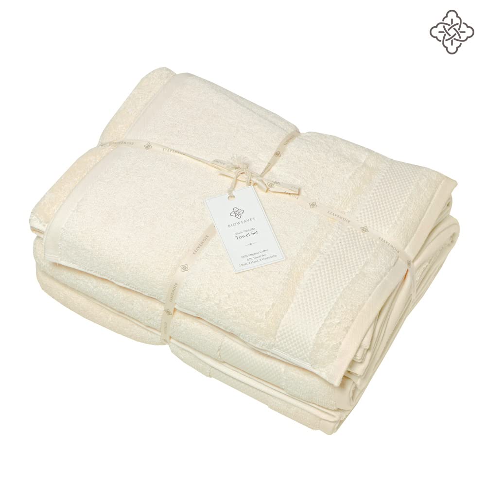 BIOWEAVES 100% Organic Cotton 700 GSM Plush 6-Piece Towel Set GOTS Certified, 2 Bath Towels, 2 Hand Towels & 2 Washcloths - Ivory
