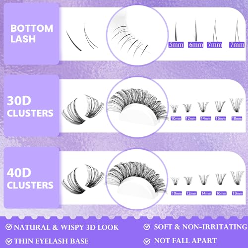 Geeneiya Natural Lash Clusters Kit Wispy Lash Extension Kit Bottom Lashes DIY Eyelash Extension Kit D Curl Individual Eyelashes Kit with Waterproof Lash Bond and Seal, Lash Tweezers (30D+40D+BOTTOM)