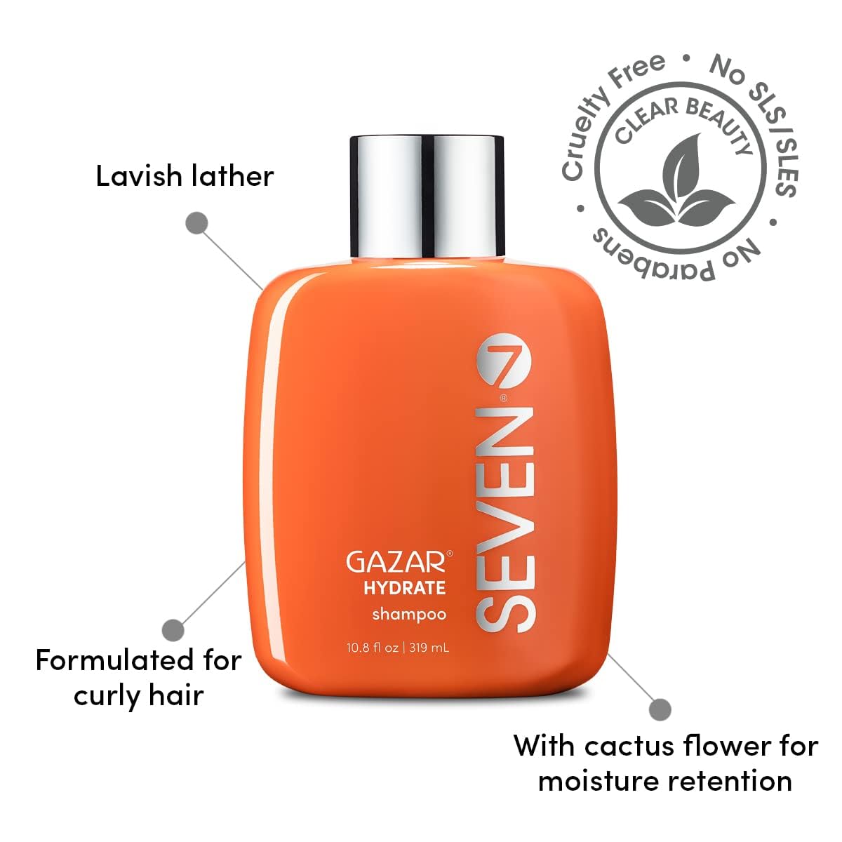 SEVEN Hair Care Gazar Hydrate Shampoo - Sulfate & Paraben Free, Pro Vitamin B5, Moisturizing Cactus Flower, 12 oz