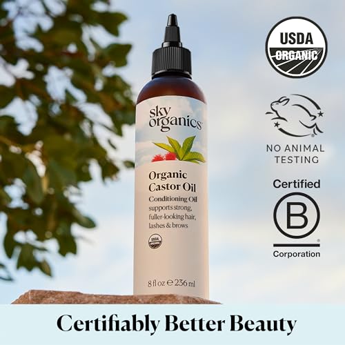 Sky Organics - 8 oz Organic Castor Oil | 100% Pure Cold Pressed Castor Hair Oil for Scalp, Lashes, Brows | Natural Conditioner |Omega Fatty Acids |Vegan Hair Care | 8oz w/Exclusive Ebook