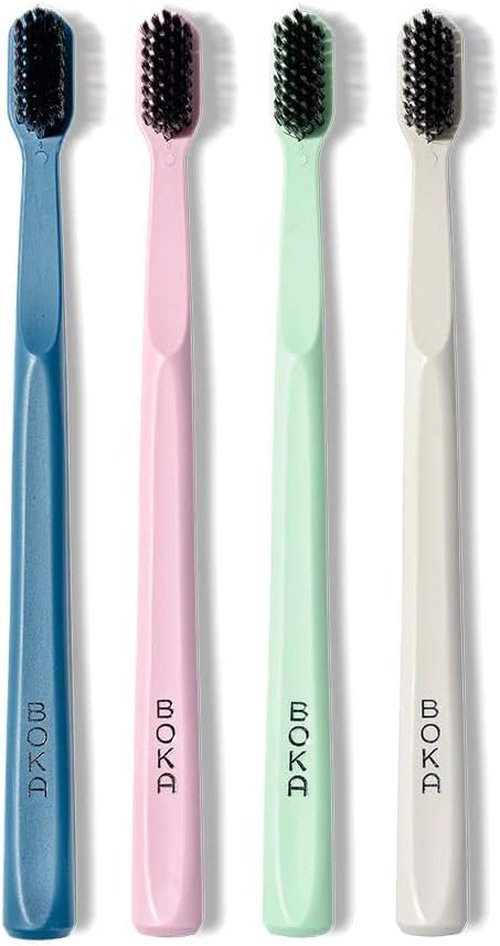 Boka Classic Manual Toothbrush - Extra Soft Activated Charcoal Bristles | Bioplastic Handle with Travel Cap, Multi-Color (Pack of 4)