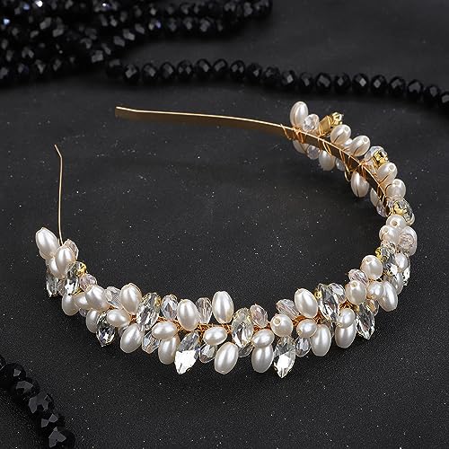 Teyglen Pearl Bride Wedding Headband Bridal Crystal Rhinestone Beads Headband Gold Silver Crystal Headpiece Elegant Hair Hoop Band Wedding Hair Accessories for Women Girls (Gold)