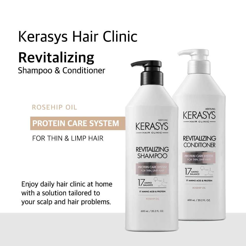 Kerasys Hair Clinic Protein Care System for Thin Limp Hair Rosehip Oil REVITALIZING 13.5 fl oz / 400 ml (Shampoo + Conditioner Set)