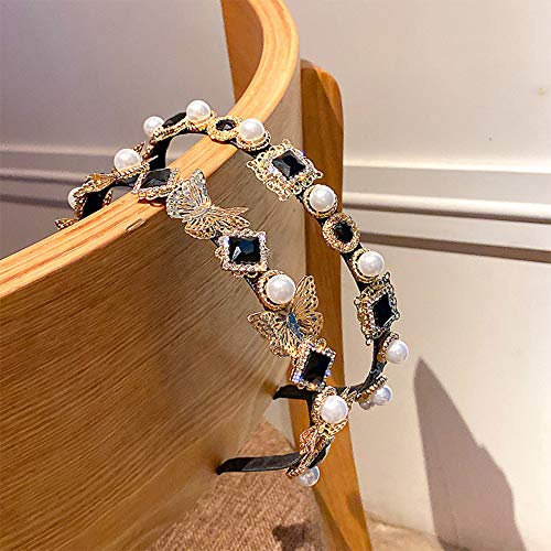 Aimimier Baroque Black Crystal Headband Vintage Butterly Gemstone Pearl Crown Delicate Bridal Rhinestone Hair Hoop for Women and Girls (Style 2)