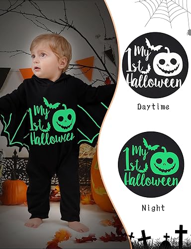 Goodstoworld Halloween Baby Bat Newborn Infant Boy Outfit Rompers 3-6 Month Girl Glowing Stuff Gender Neutral Clothes Black Long Sleeve Bodysuit with Hat