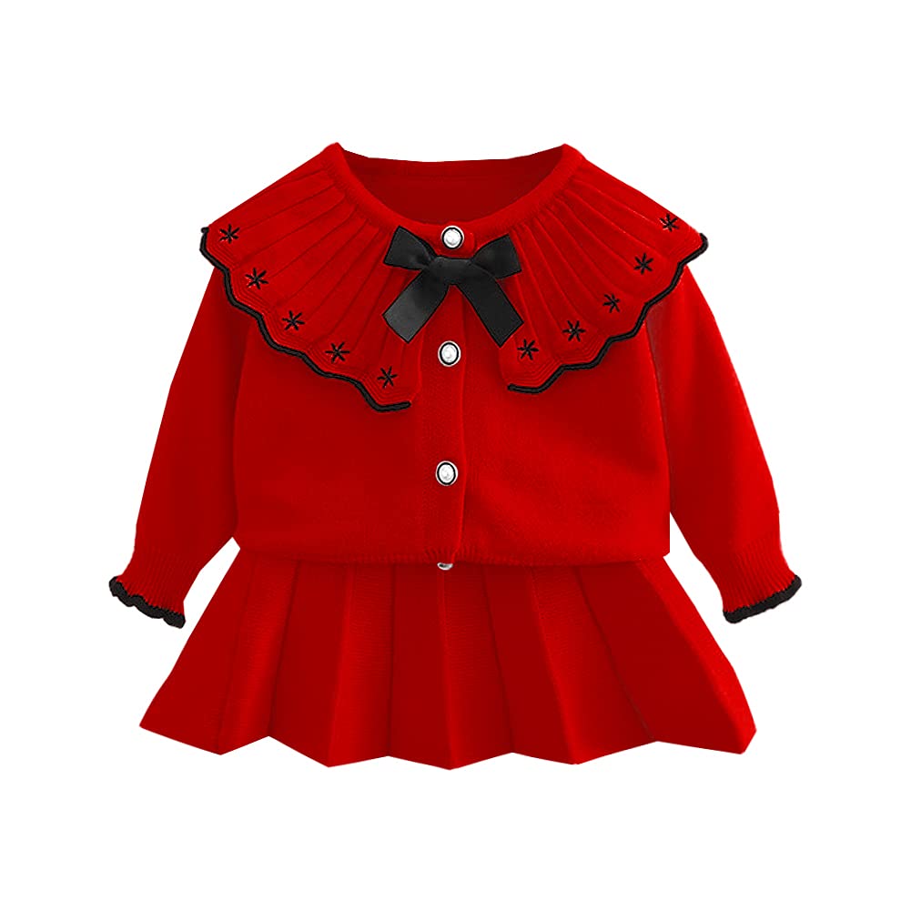 Toddler Baby Girls Autumn Winter Fall Clothes Knit Long Sleeve Ruffle Sweater Top+Pleated Mini Tutu Skirt 2pcs Outfit for Kids Princess Casual Playwear Homewear Clothing Set Red-Black 5-6X