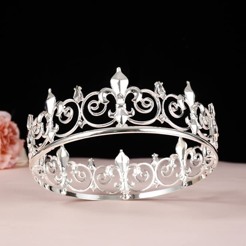 Royal Full King Crown Metal Crowns And Tiaras For Men Cosplay Prom Party Decorations Crown Headpieces Accessories (Silver)