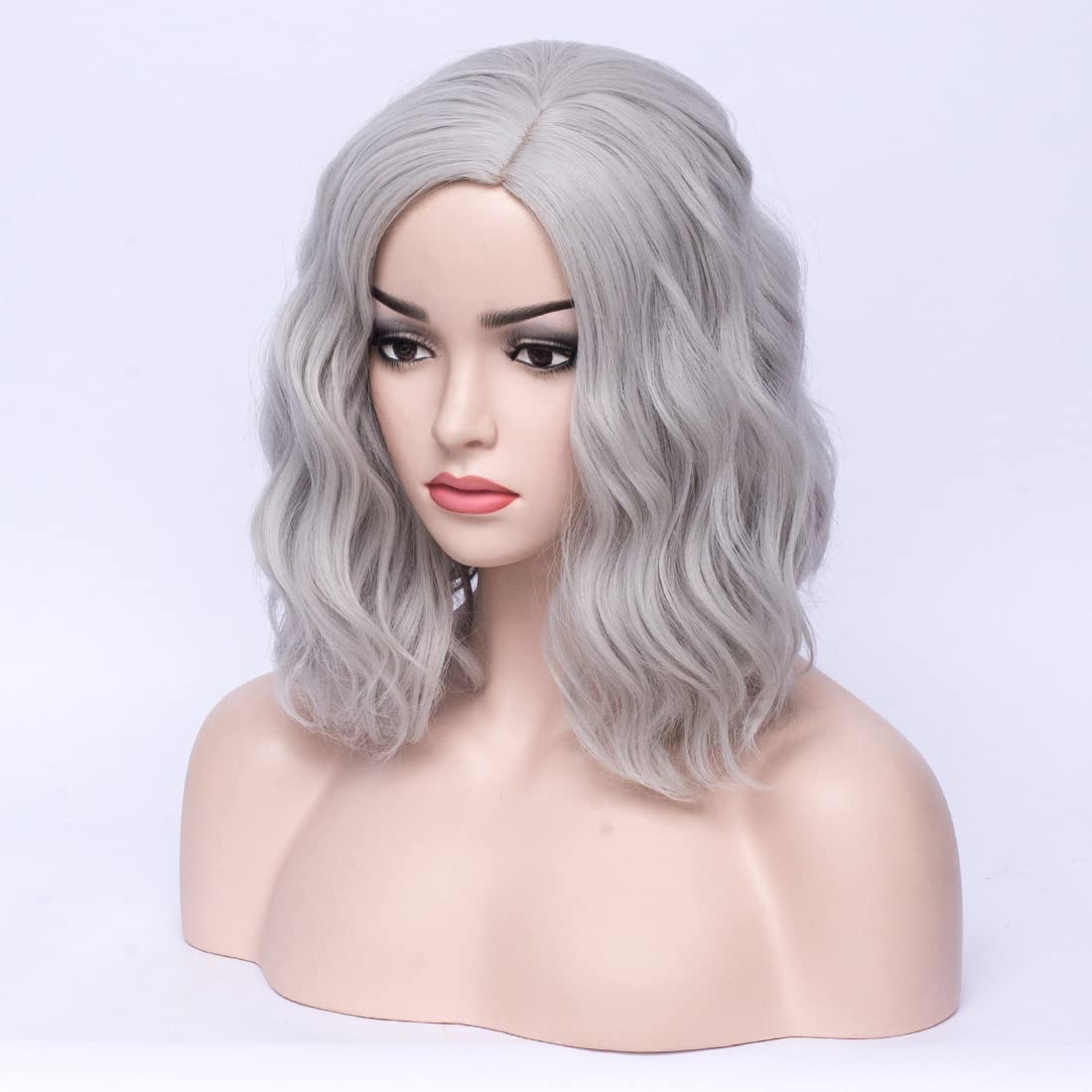 MAGQOO Grey Wig Gray Wig Women Girls Short Curly Wavy Bob Wig Grey Hair Wigs Synthetic Halloween Cosplay Costume Party Wigs