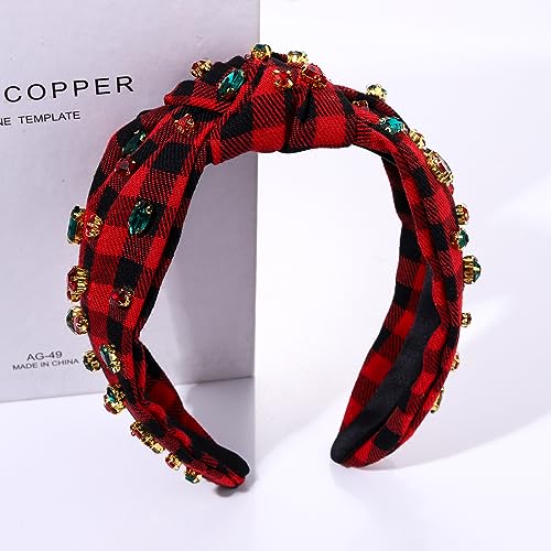 CEALXHENY Christmas Headband Accessories for Women Red Green Rhinestone Crystal Knotted Headband Jeweled Xmas Plaid Wide Top Knot Headband Christmas Outfits Holiday Gifts (Christmas 1)