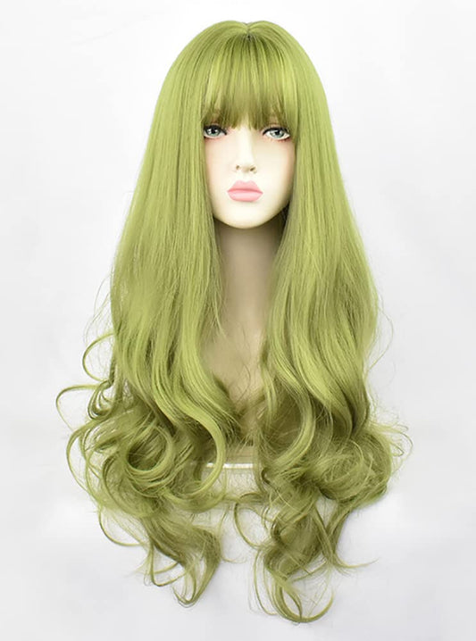 Sharebeauty Synthetic Women Natural Wavy Curly Full Wig with Straight Bangs Green