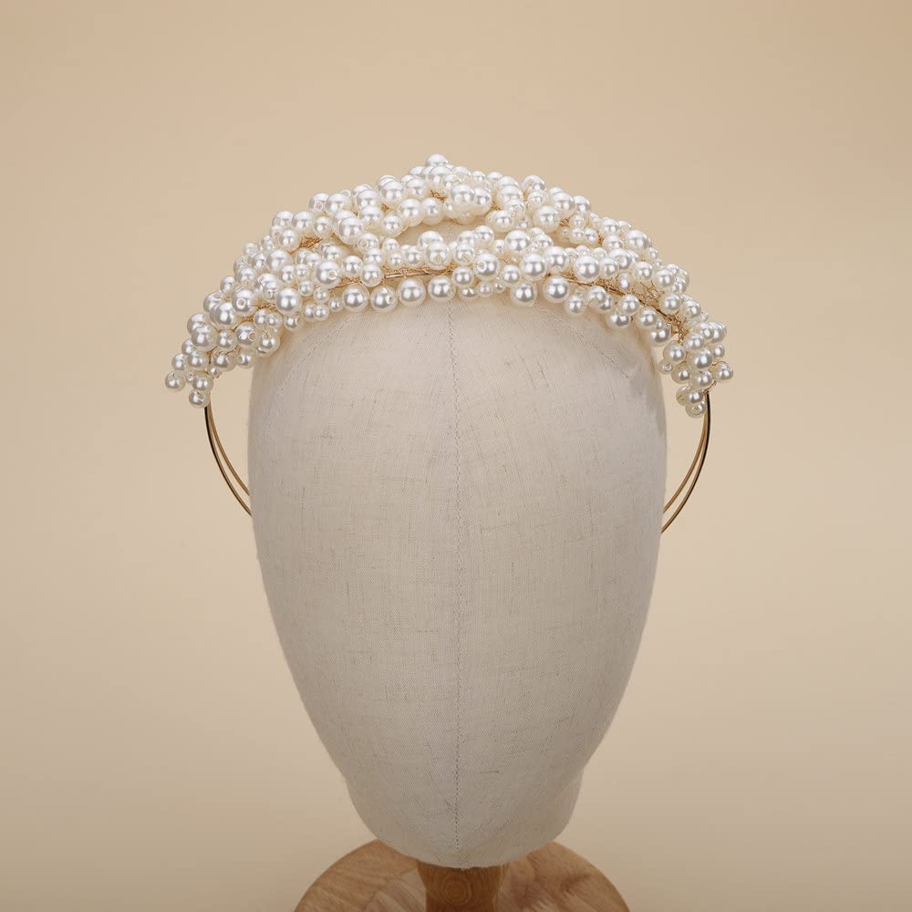 Teyglen Wedding Pearl Headband Bridal Pearl Beads Tiara Crown Floral Princess Hair Crown Hair Pieces Hair Accessories for Women Bride Prom Birthday Party (Ivory)