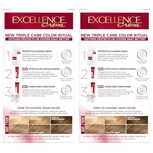 L'Oreal Paris Excellence Crème Permanent Hair Dye, Triple Care Hair Color with Hyaluronic Acid for 100% Gray Coverage, 7 Dark Blonde, 1 Kit (Pack of 2) (Packaging May Vary)