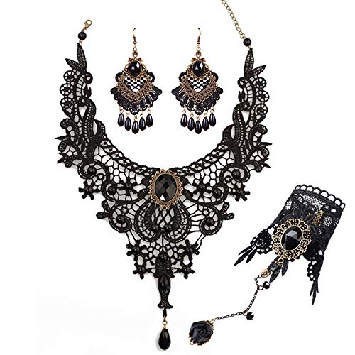 Plage Goth Necklaces Earrings Lace Bracelet Ring set for women Vintage Vampire Black Lace Choker Necklace Punk Rock Collar Gothic Necklace Halloween Party Cosplay (Necklace Bracelet earrings)