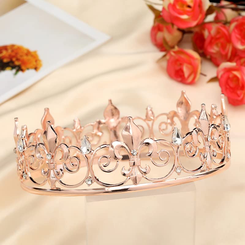 LEEMASING Royal Full King Crown Metal Crowns And Tiaras For Men Cosplay Wedding Prom Party Decorations Crown Headpieces Accessories (Rose Gold)