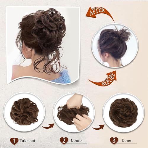 SHUHAOT 3 Pieces Messy Bun Hair Piece Tousled Updo Bun Hair Scrunchies Extension Ponytail Curly Wavy Updo Hair Bun Synthetic Chignon for Women Girl