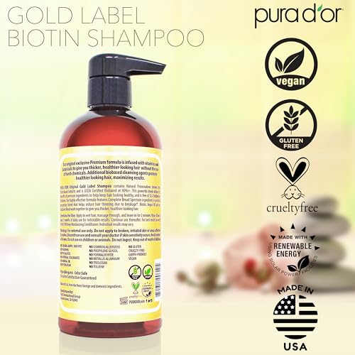 PURA D'OR 8 Oz Original Gold Label Anti-Thinning Biotin Shampoo Natural Earthy Scent, CLINICALLY TESTED Effective Results, Herbal Blend Hair Thickening Products, Women & Men, Color Treated Hair