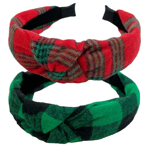 Christmas Headbands for Women, Christmas Headband for Girls, 2PCS Fashion Vintage Turban Christmas Hair Accessories, Retro Criss Cross Wide Knotted Plaid Headbands, Valentines Gifts for Her