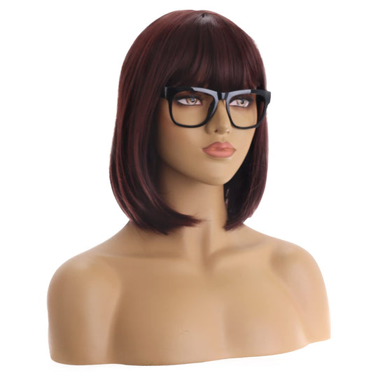 BERON 12 Inches Brown bob Wig with Glasses Short Straight Brown Wig with Bangs for Women Halloween Cosplay or Daily Use Wigs (Brown)