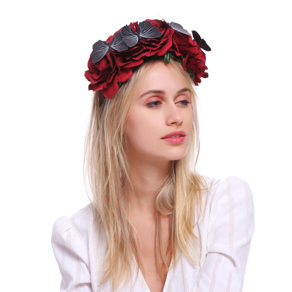 Flower Crown Headband Halloween Gothic Red Rose Floral Hair Wreath Tiara Queen Bridal Headpieces Hair Hoop for Women Girls