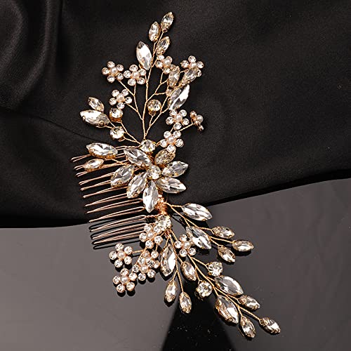 Teyglen Rhinestone Flower Bride Wedding Hair Comb Headband Crystal Hair Pieces Headpieces with Rhinestones Hair Accessories Handmade Bridal Side Hair Combs for Women Bride Girls (Gold)