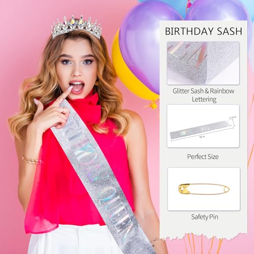 Vovii Birthday Crown & Sash Set for Women, AB Rhinestone Tiara & Birthday Queen Sash for Women Birthday Decorations, Happy Birthday Party Decorations for Birthday Crown Adult Woman