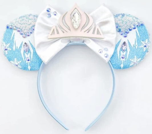 CLGIFT Frozen Inspired Minnie Ears, Elsa Ears, Elsa Minnie Ears, Blue Minnie Ears (Blue/Silver)