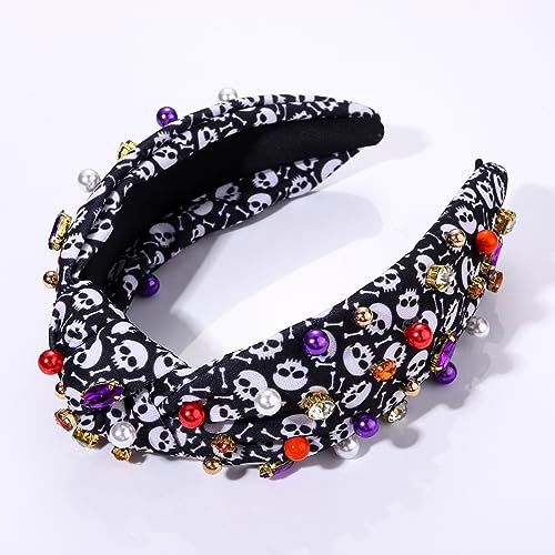 HSWE Halloween Headband Crystal Knotted Headband for Women Pearl Rhinestone Jeweled Embellished Skull Print Wide Top Knot Hairband Halloween Costume Cosplay Party Decoration