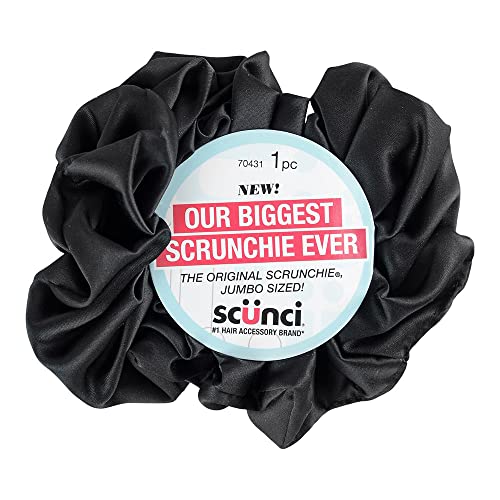 Scunci by Conair The Original Scrunchie Jumbo Size in Washable Black Nylon Silk-Like Fabric, Perfect for Wrist-to-Hair Versatility, 1 Count (Pack of 2)