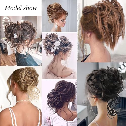 SHUHAOT 3 Pieces Messy Bun Hair Piece Tousled Updo Bun Hair Scrunchies Extension Ponytail Curly Wavy Updo Hair Bun Synthetic Chignon for Women Girl