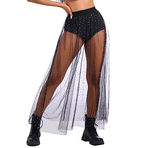 Women's Sheer Mesh 2 in 1 Glitter Sequin Elasticized High Waist A Line Party Maxi Skirt Sparkle Galaxy Sequin Tulle Cover ups Festival Outfits Costume Black Polka Dot L