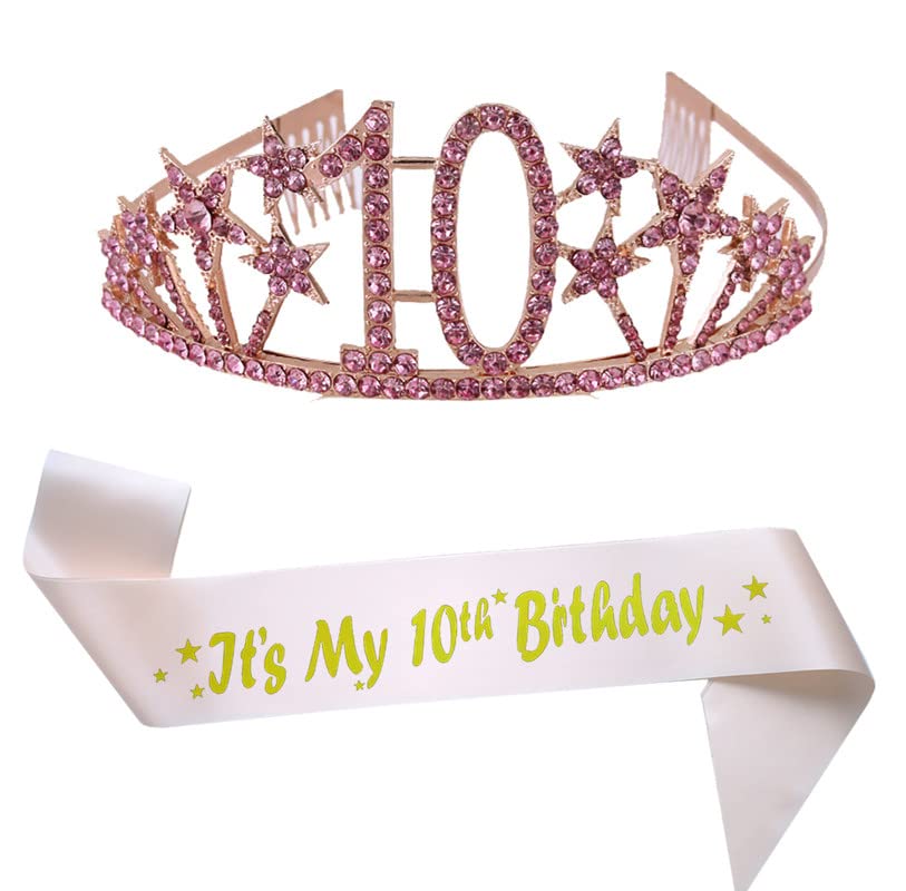 Happy 10th Birthday Tiara and Sash Gifts Crystal Rhinestone Princess Crown Birthday Girl Party Favor Supplies Pink Crowns Pink Sash