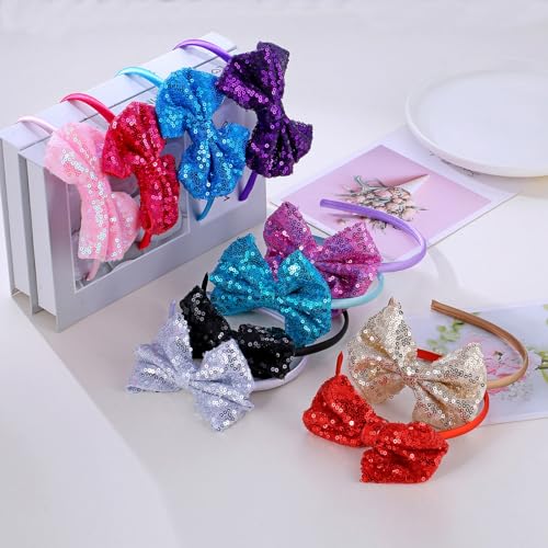 Kiszu Sparkly Sequin Hair Bow Headbands Fashion Glitter Cute Boutique Ribbon Bows for Girls, Kids, and Women (Dark Purple,Black)