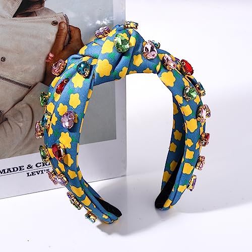 Crystal Knotted Headband for Women Colorful Rhinestone Jeweled Embellished Flower Printed Wide Top Knot Hairband Vibrant Floral Pattern Turban Hair Hoop Funny Gift for Ladies Girls Sister