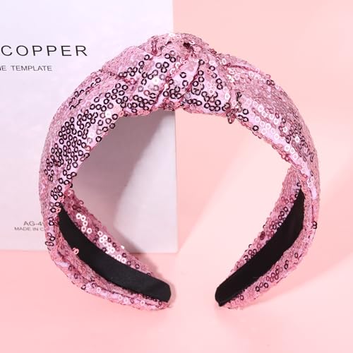 HEIDKRUEGER Glitter Sequin Headbands Soft Knotted Hairband Sparkle Fashion Headband for Women Girls Bar Stage Sing Dance Party Hair Accessories (B Pink)