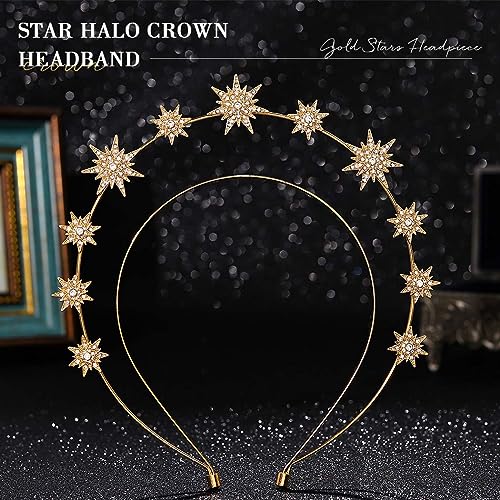 Fashey Rhinestone Halo Crown Headband Layered Gold Star Crown Headbands Goddess Halo Crown Costume Boho Bridal Wedding Party Headpiece for Women and Girls (Gold)