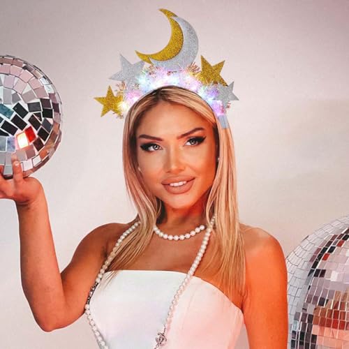 EARENT Light Up Star Headband Led Glow Moon Stars Hair Band Luminous Hair Hoop Glitter Tinsel Headpiece Rave Nightclub Costume Party Hair Accessories for Women (C-Gold+Silver)