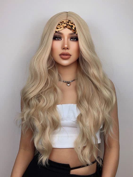 SAPPHIREWIGS Headband Wigs Synthetic Long Wavy Ash Blonde Color Wigs for Black Women Natural Looking High Density Glueless Synthetic Wig Heat Resistant 26inch