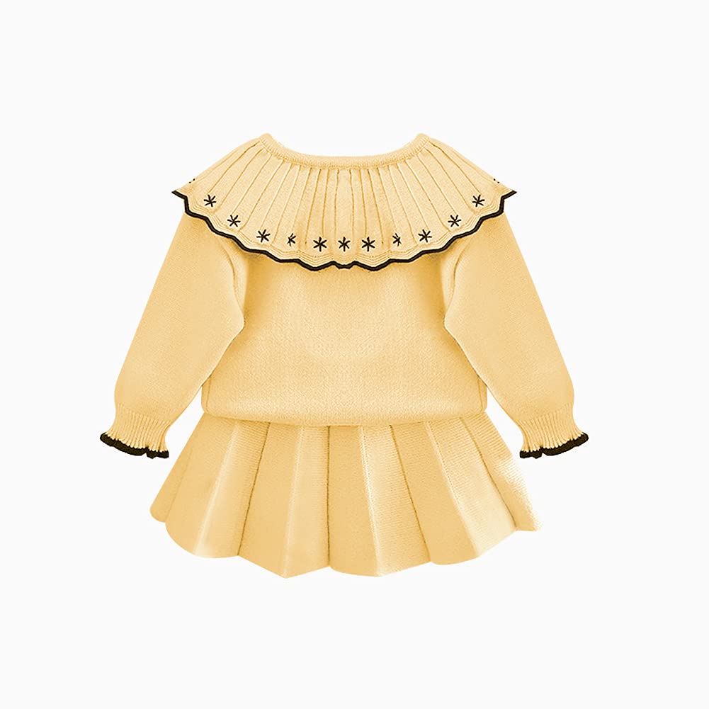 Toddler Baby Girls Autumn Winter Fall Clothes Knit Long Sleeve Ruffle Sweater Top+Pleated Mini Tutu Skirt 2pcs Outfit for Kids Princess Casual Playwear Homewear Clothing Set Yellow-Black 12-18 Months