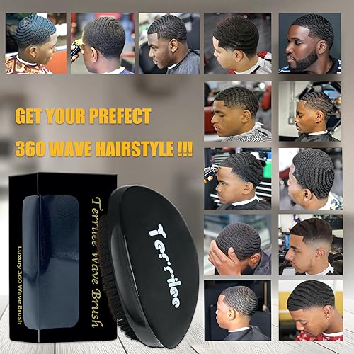 Terrilee Palm Wave Brush - 360 Curved Beech & Medium Hard Boar Bristles for Black Men's Wave Hairstyling (Black with box)