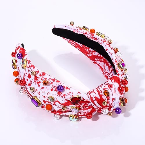 HSWE Halloween Headband Crystal Pearl Knotted Headband for Women Blood Splatter Rhinestone Jeweled Embellished Print Wide Top Knot Hairband Halloween Costume Cosplay Party Favors