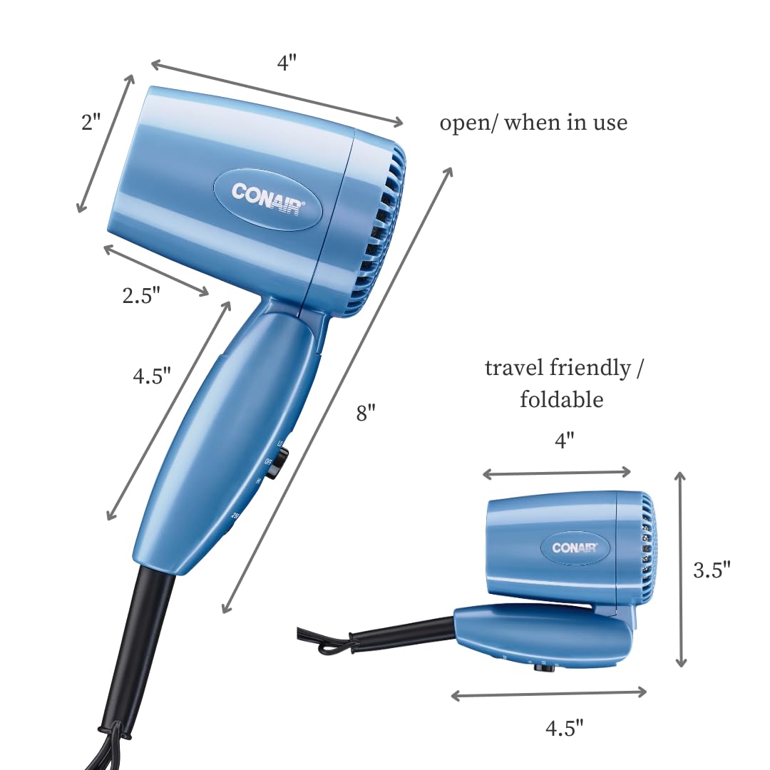 Conair Travel Hair Dryer with Dual Voltage, 1600W Compact Hair Dryer with Folding Handle, Travel Blow Dryer