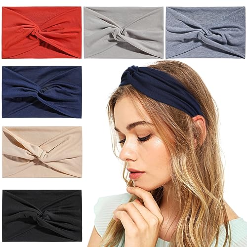 Achiou 6 Pack Twisted Knotted Headbands - Wide Non-Slip Elastic Boho Hair Bands for Women, Curly Hair, Girls, Yoga & Workout